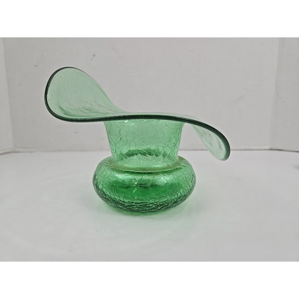 Elegant Blenko? Jack In the Pulpit Green Crackle Blown Art Glass Vase w Pontil
